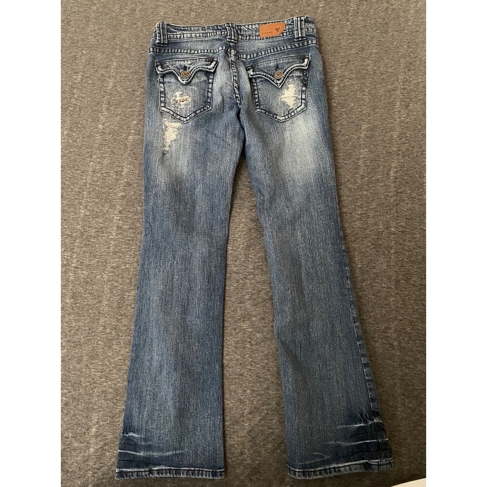 Vigoss Juniors Size 5 Bootcut Distressed Denim Jeans Sequin Holes Flare Stretch - Picture 4 of 8